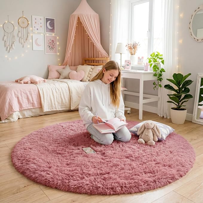 Amdrebio Blush Pink Large Round Shag Rug 6Ft - Image 2
