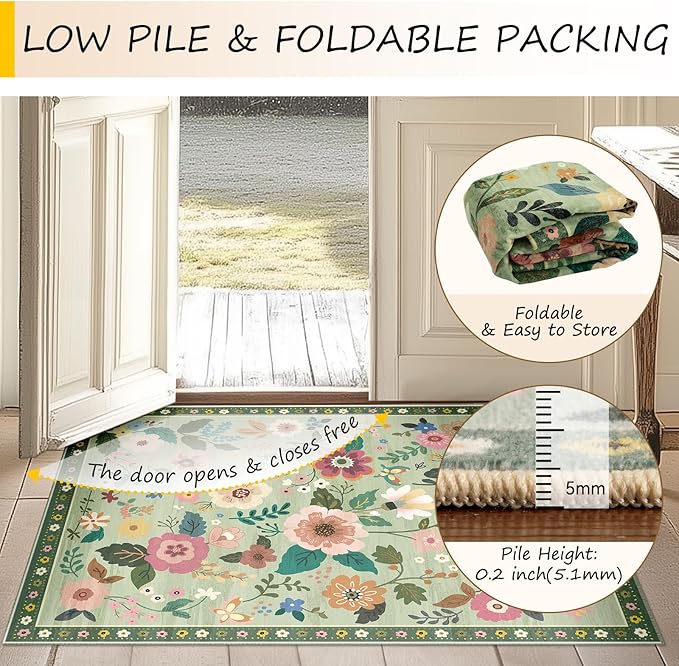 Floral Washable 2x8 Area Rugs Runner Entryway Hallway LightGreen | Flower - Image 5