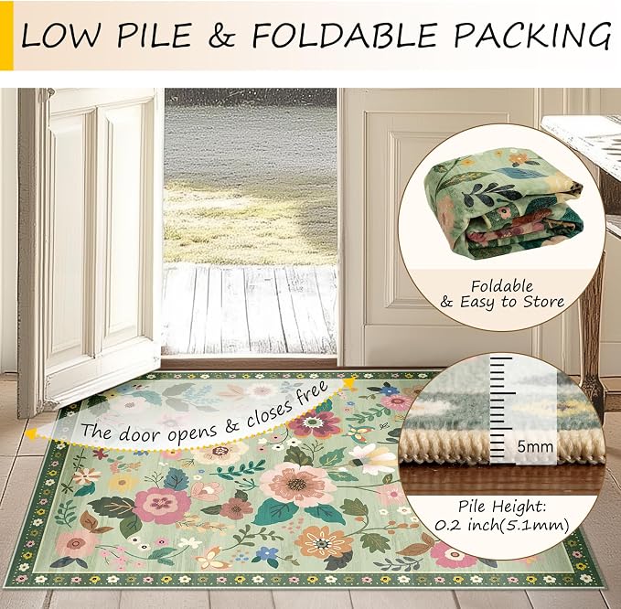 RELEANY Floral Washable 9x12 Area Rugs LightGreen | Flower Carpet Print Boho - Image 4