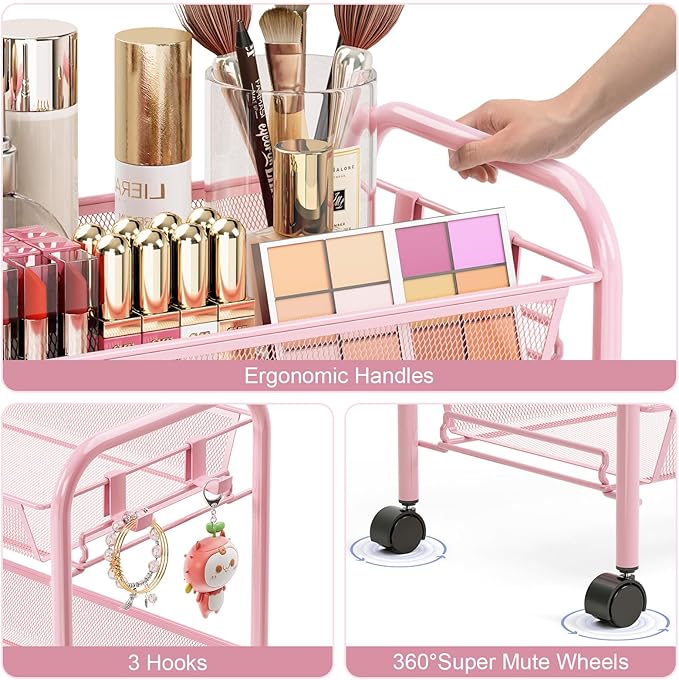 TOOLF 3 Tier Rolling Cart Pink - Image 4