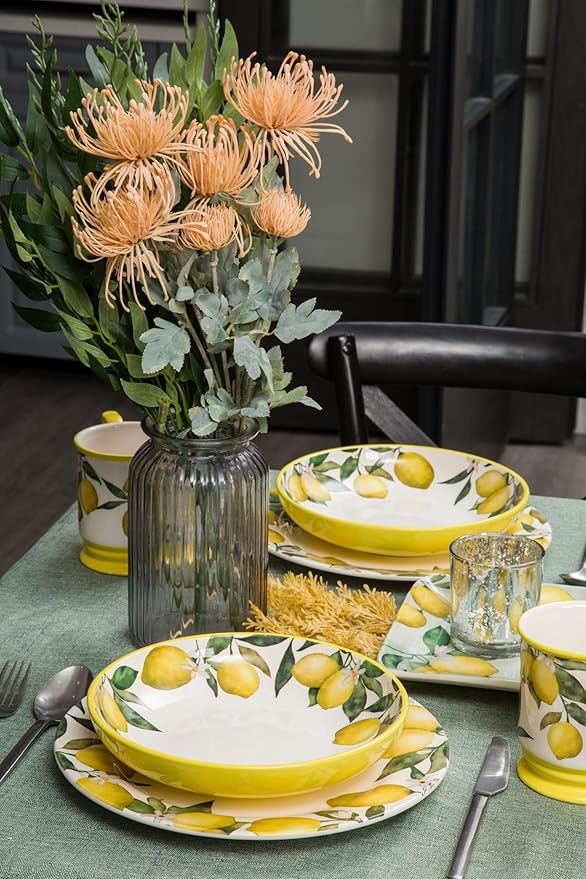 Bico Lemon Dreams Pasta Bowls, 35oz Salad Bowl Set of 4, Large Ceramic Serving Dinner Bowls for Soup and Cereal, Microwave and Dishwasher Safe, Gift for Housewarming and Thanksgiving
