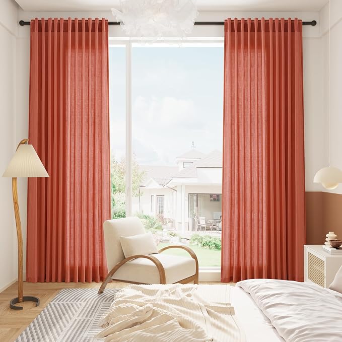 Coral Linen Curtains 120 Inches Long 2 Panels Set Back Tab Loop Pocket Light - Image 8