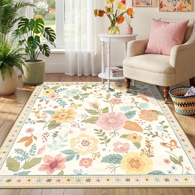 RELEANY Floral Washable Square 4ft Area Rug Beige/White/Orange | Flower Carpet - Image 2