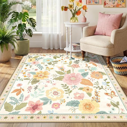 RELEANY Floral Washable Square 4ft Area Rug Beige/White/Orange | Flower Carpet - Image 2