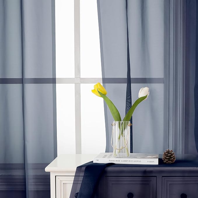 Navy Blue Sheer Curtains 90 Inches Long 2 Panels, Light Filtering Voile Airy - Image 7