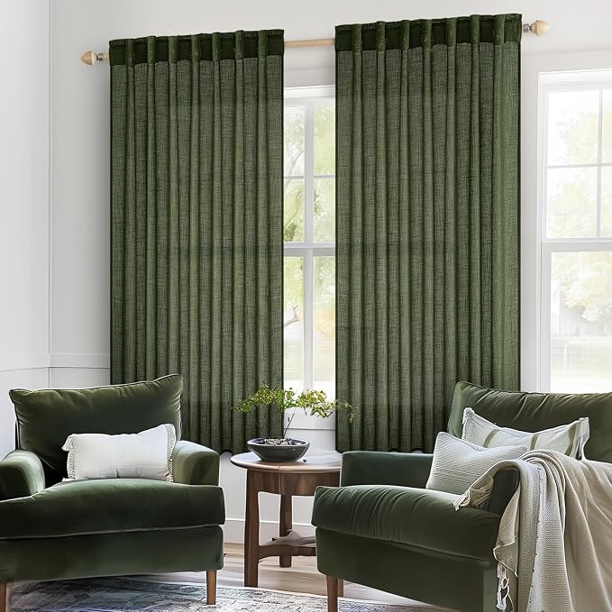 MIULEE Olive Green Linen Curtains 42x63 Inch Length 2 Panels - Image 2