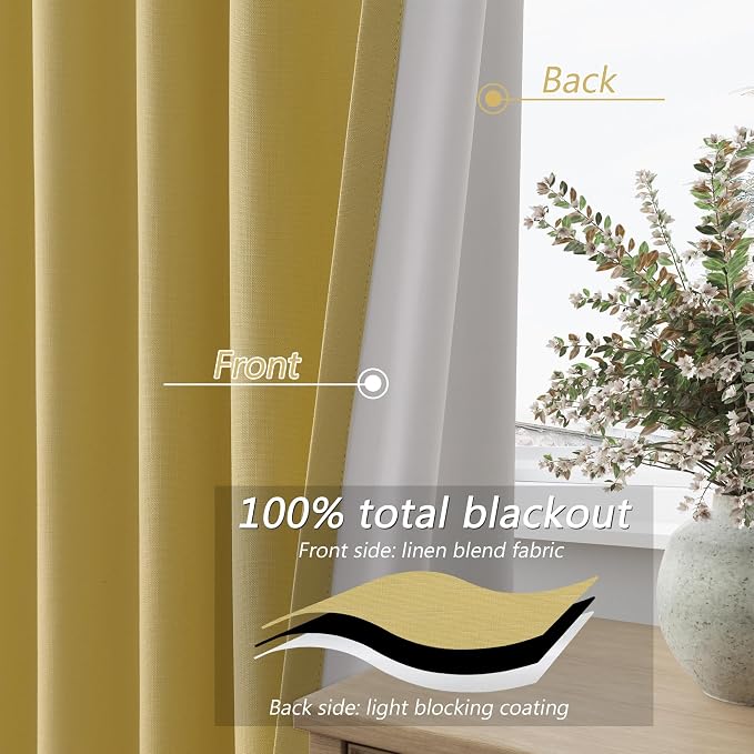 Yellow 100% Blackout Linen Curtains 96 Inch Length 2 Panels Set - Image 3