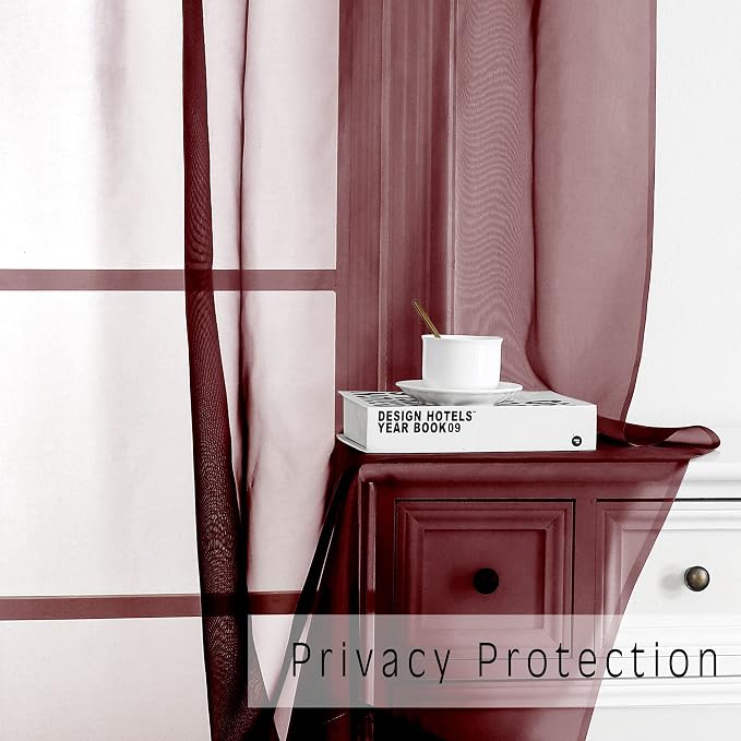 2 Panels Window Burgundy Sheer Curtains 42" x 45" Inches - Image 5