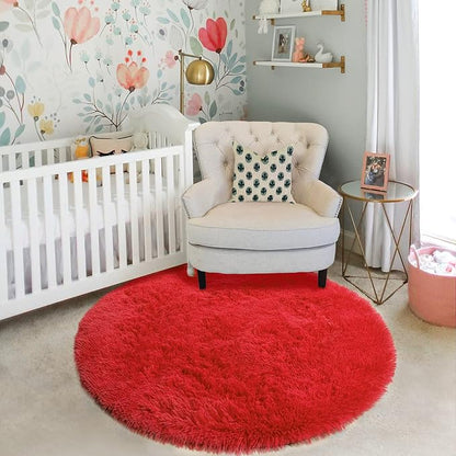 Amdrebio Red Fluffy Round Rug 5Ft - Image 8