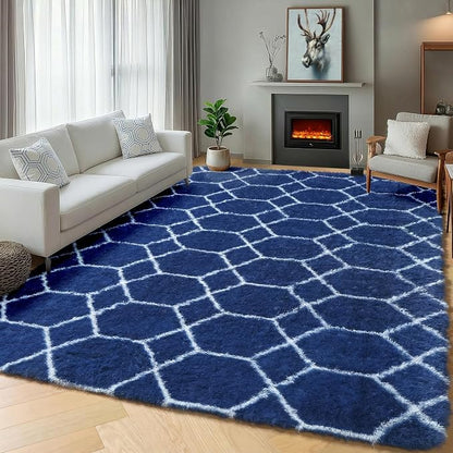 8x10 Area Rugs for Living Room, Fluffy Navy and White Rug for Boys Bedroom | - Image 6