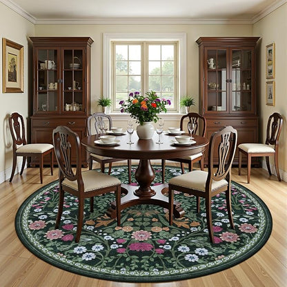 PLHXFR Round Area Rug Living Room: 8 ft Floral Washable Carpet Dark Green | - Image 3