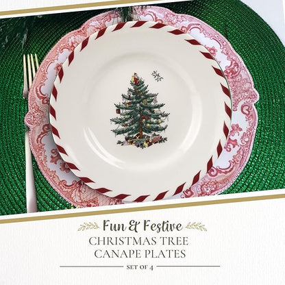 Spode Christmas Tree Canape Plates - Set of 4 | Peppermint Design, Holiday Appetizer Plate | Christmas Serving & Festive Dish | Seasonal Decorative Plate, Holiday Tableware