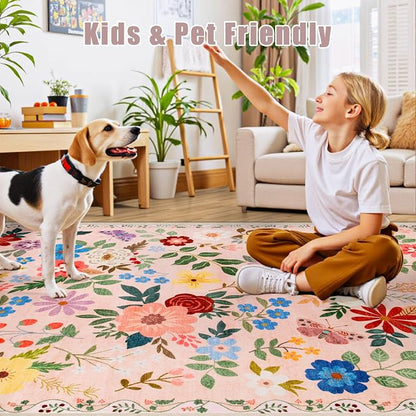 PLHXFR Area Rug Living Room: 5x7 Floral Washable Boho Soft Carpet Beige | - Image 8