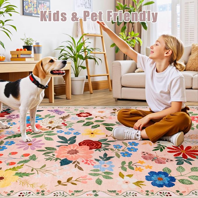 PLHXFR 6x9 Area Rug Living Room: Floral Washable Boho Soft Carpet Beige | - Image 8
