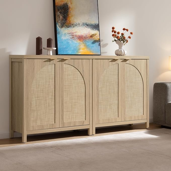 SICOTAS 102"W Rattan Sideboard Buffet Cabinet Set of 3, Mid Century Modern - Image 8