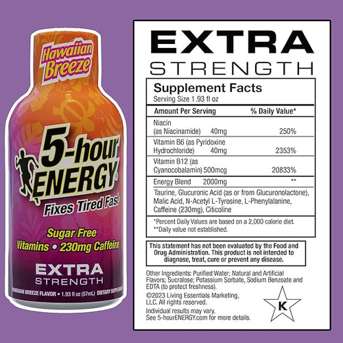 5-hour ENERGY Extra Strength Energy Shot, Hawaiian Breeze Flavor (1.93 oz. - 24 Count) Zero Calories & Sugar-Free 230 mg Caffeinated Energy Shot, Amino Acids & B Vitamins, Dietary Supplements