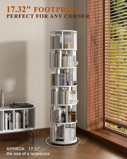 6-Tier Solid Wood Rotating Bookshelf on Wheels, 360° Spinning Book Shelf Tower - Image 6