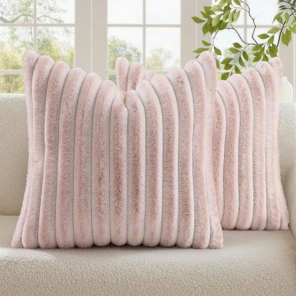 decorUhome Fall Faux Fur Throw Pillow Covers 22x22 Set of 2 Pink White | by decorUhome