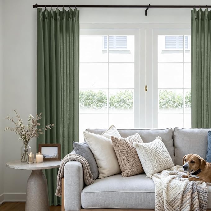 105 Inch Olive Green Pleated Ceiling Track Curtains Linen Semi Sheer | Light - Image 8