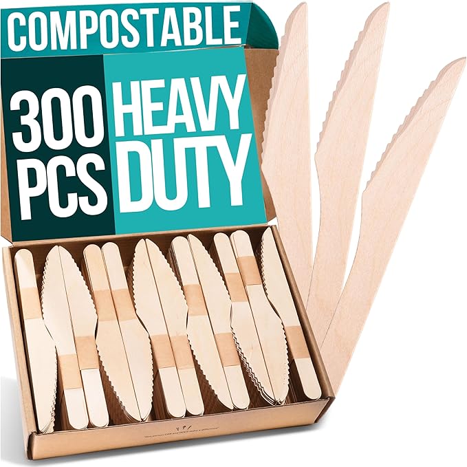 Disposable Wooden Knives - 300pcs - Heavy Duty & Extra Sharpened - Our Guilt-Free FSC Certified Wood Protects Forests - A Great Alternative to Bamboo Knives