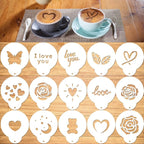 Konsait Coffee Stencil, 15 Pieces Latte Art Stencils for Coffee Decorations, Oatmeal Cupcake Cake Cappuccino Mousse Hot Chocolate Valentines Day