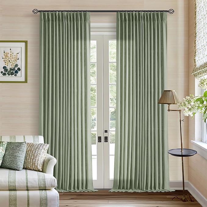Sage Green Pinch Pleat Semi Sheer Linen Curtains 102 Inches Long 2 Panels | by Twodrapes