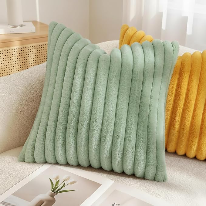 decorUhome Fall Faux Fur Throw Pillow Covers 26x26 Set of 2 Sage Green | - Image 4
