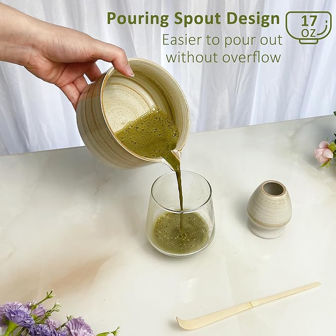 4pcs Matcha Set, Japanese Matcha Kit with Whisk, 17oz Ceramic Bowl with Spout, Whisk Holder & Bamboo Scoop for Starter, Tea Ceremony, Tea Lover, Gift