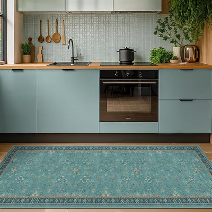 Teal Boho 2x5 Non Slip Small Kitchen Rug Runner by HazoHaus