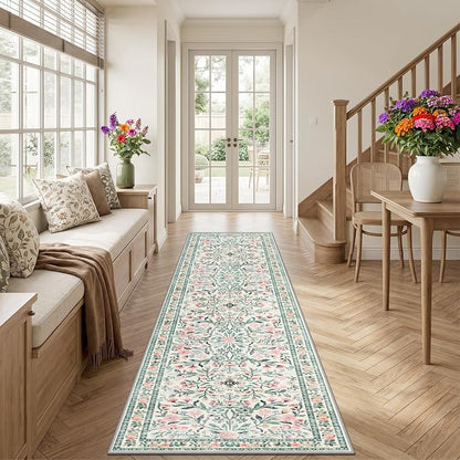 PLHXFR 2x5 Washable Runner Rug：Floral Indoor Kitchen Carpet Green Beige | - Image 3