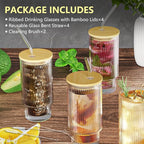 16OZ Ribbed Glass Cups with Lids and Straws 4 Set, Vintage Glassware for Whiskey Cocktail Beer, Iced Coffee Cups with Lid, Glass Tumbler with Straw and Lid (4 PACK)