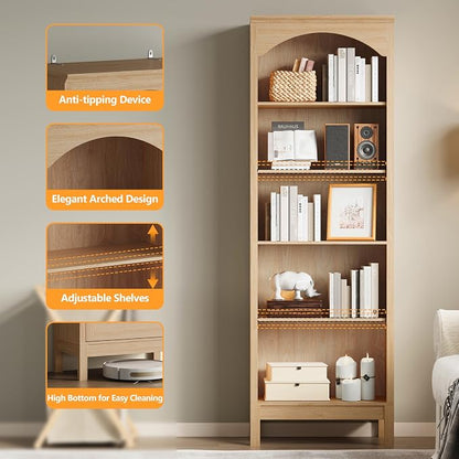 Arched Bookshelf with 5 Tier Open Shelves, Study and Living Room, Natural Oak - Image 5