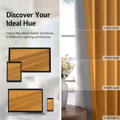 100% Blackout Linen Textured Curtains 96 Inch Long, Mustard Yellow | 100% - Image 7