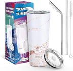 THILY Stainless Steel Vacuum Insulated Tumbler Travel Mug 26 oz Coffee Cup with 2 Lids and Straws, Splash Proof, Keep Ice Drinks Cold, Gold Marble