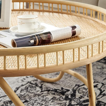 FINECASA Round Rattan Coffee Table, Modern Unique Farmhouse Tray Top Center - Image 5