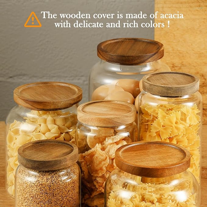 Labina Glass Storage Container Airtight Food Jars Kitchen Canister with Wood Lids, 88 Oz Wide Mouth Pantry Organization Glass Jar for Flour, Sugar, Cookie, Spagetti, Nuts and Candy