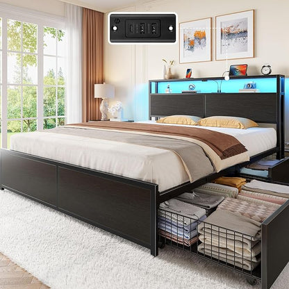 Rolanstar Queen Bed Frame with 4 Storage Drawers, Charging Station and LED - Image 8