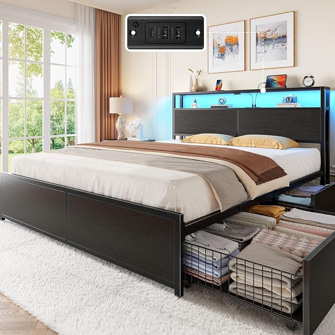 Rolanstar Queen Bed Frame with 4 Storage Drawers, Charging Station and LED by Rolanstar