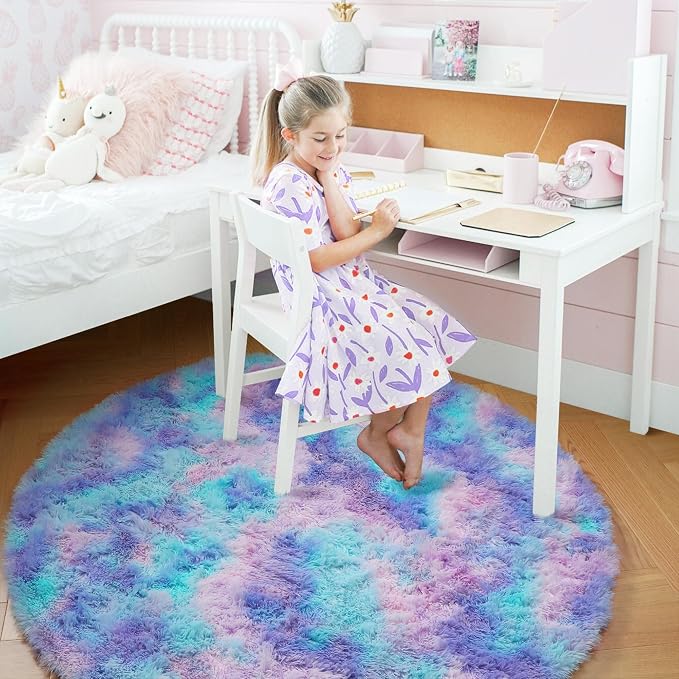 Amdrebio Purple Rainbow Mermaid Shag Round Rug 4Ft - Image 2