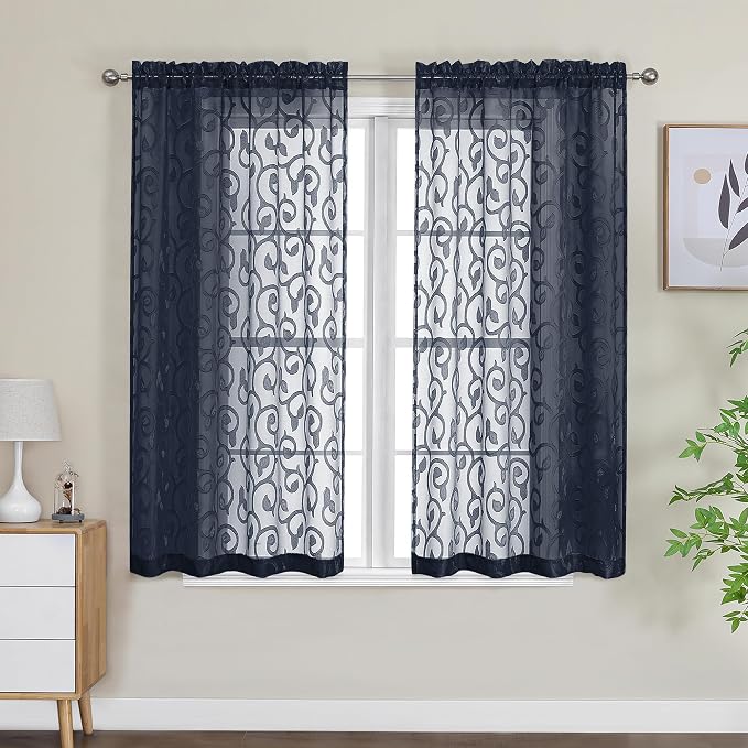 Furman Navy Blue Sheer Curtains 45 Inch Lenght 2 Panels Set - Image 2