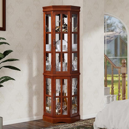 Corner Curio Cabinet with Lighting System, Adjustable Tempered Glass Shelves - Image 2