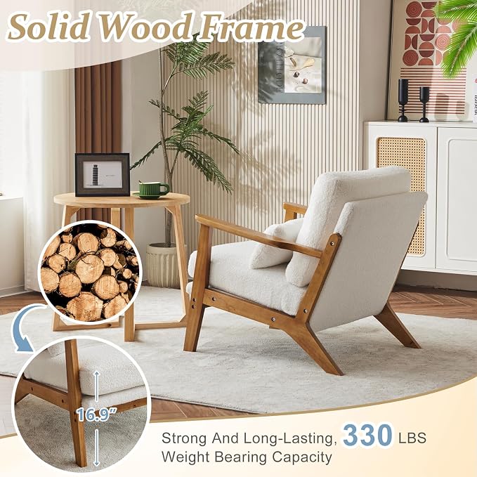 VINGLI Solid Wood Wide Armrests Accent Chair, Upholstered Mid Century Modern - Image 4