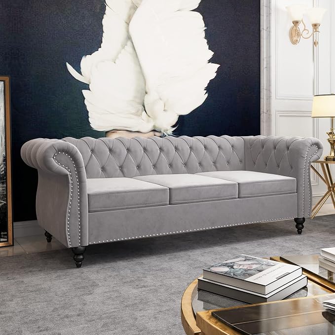 2 Piece Living Room Set, Velvet Chesterfield Sofa Couch Chair - Image 4