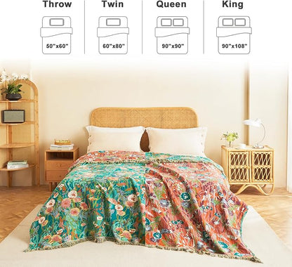 LUTBM Cotton Boho Blanket Queen Size Soft Summer Lightweight Bed Quilt Floral - Image 3