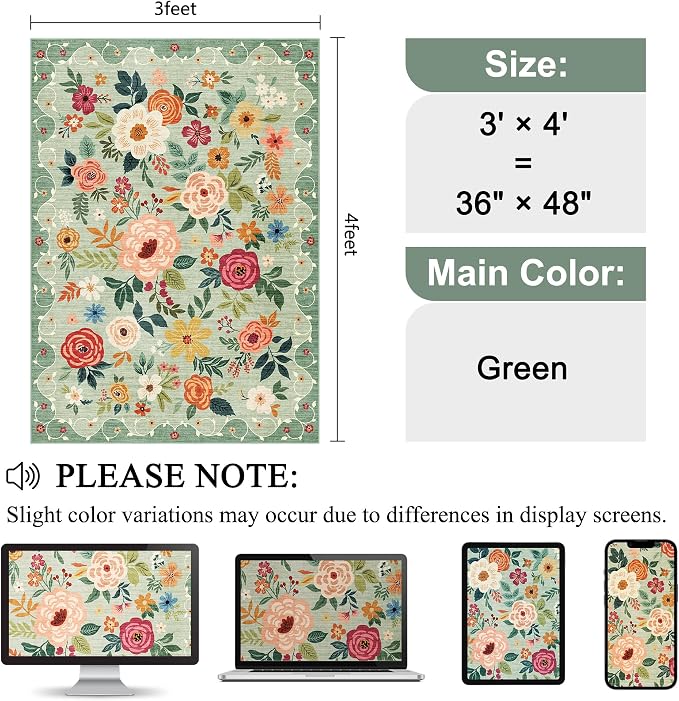 DUKINO 3x4 Area Rug, Floral Washable Rug - Image 2