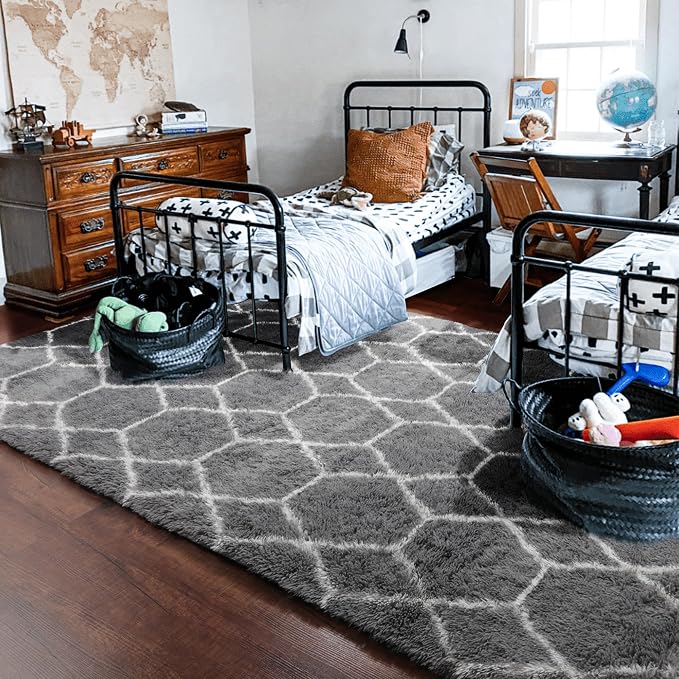 Area Rugs for Living Room, 7x10 Fluffy Grey and White Geometric Bedroom Rug | - Image 9