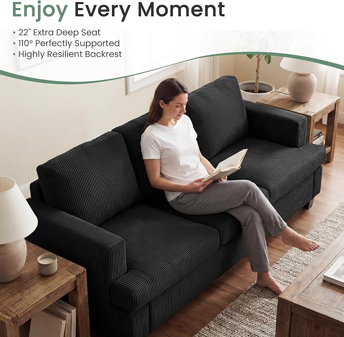 3 Seater Corduroy Couch for Living Room, 89” Black Cloud Sofa, Deep Seat Floor - Image 3