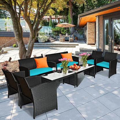 Tangkula 8 Pieces Patio Wicker Conversation Furniture Set, Patiojoy Sofa & - Image 2