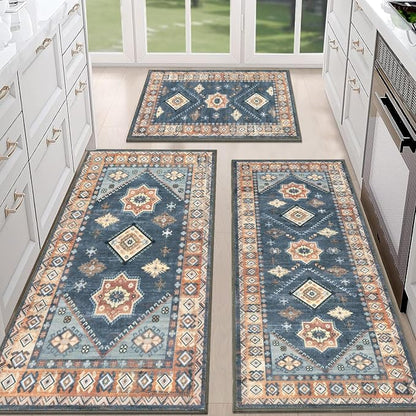 HEBE Boho Kitchen Rugs Set of 3, Non Slip Washable Kitchen Mats by HEBE