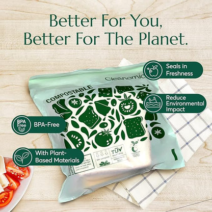 Cleanomic Compostable* Sandwich Size Food Storage Bags (25 Eco Zip) Freezer and Leak Proof, Also Available Gallon, Quart and Snack Size Bags